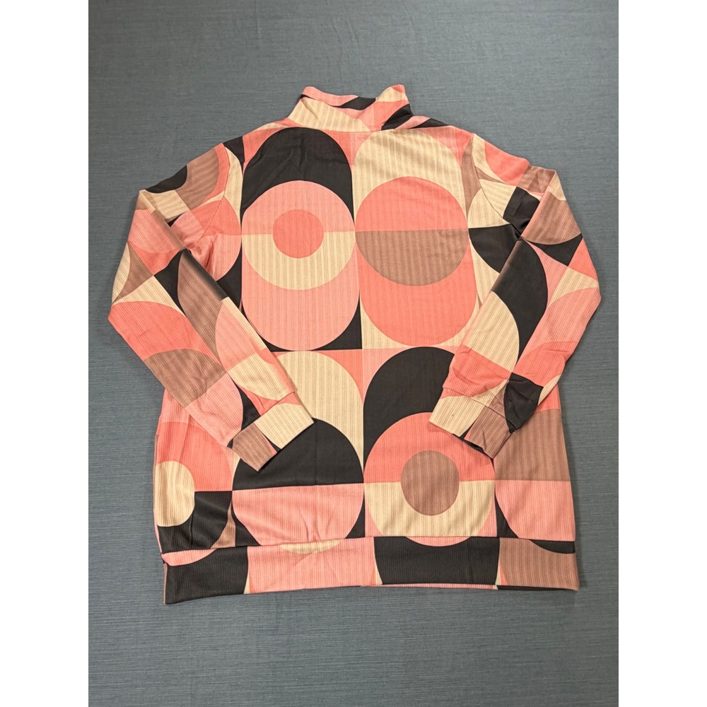 Pink Geometric Circle Print Mock Neck Ribbed Long Sleeve Top Large Retro Mod - Picture 2 of 6